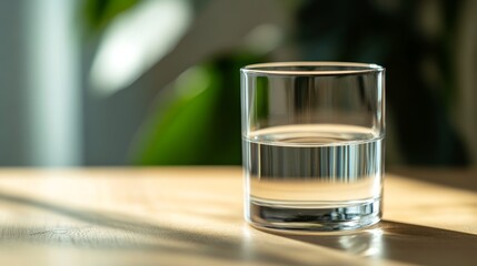 A glass of water on a wooden table, symbolizing simplicity and purity.
