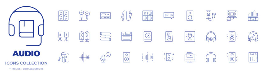 Audio icons collection. Thin Line icons, editable stroke. speakers, radio waves, speaker, microphone, audiobook, cassette, loudspeaker, mixing table