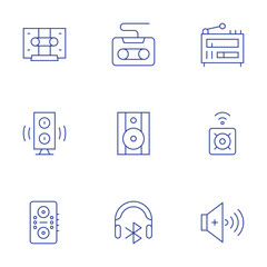 Audio icons set. Thin Line style, editable stroke. cassette tape, speaker, radio antenna, volume up, casette, audio