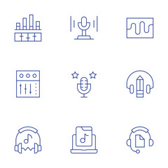 Audio icons set. Thin Line style, editable stroke. podcast, equalizer, dj mixer, music, headphones, audio waves, online learning