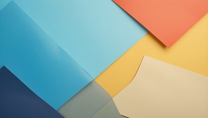 Layered paper background with semi-transparent blue, red, yellow, orange, and beige sheets