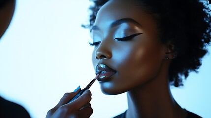 Fototapeta premium Makeup application in studio beauty portrait vibrant colors close-up