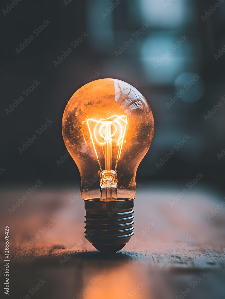 Poster warm vintage filament light bulb illuminating dark rustic table in cozy minimalist setting : generat