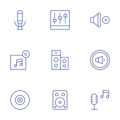 Audio icons set. Thin Line style, editable stroke. sound mixer, speaker, volume up, volume down, audio, audio message, music and multimedia