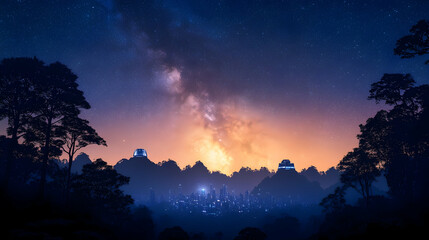 Naklejka premium City Milky Way Sunset Forest View