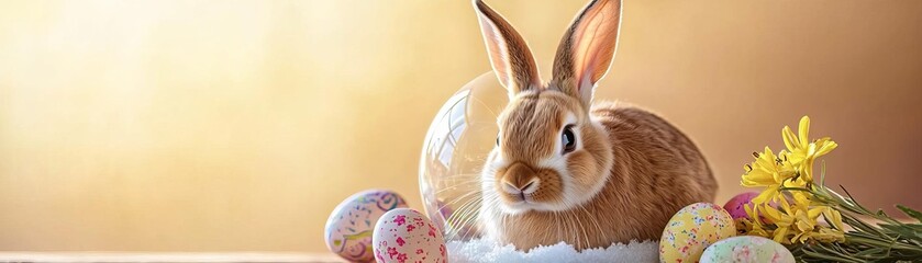 Obraz premium A charming bunny surrounded by colorful eggs and flowers in a festive setting.