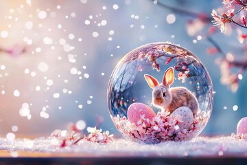 A whimsical scene with a bunny and pastel eggs inside a glass globe with floral accents.