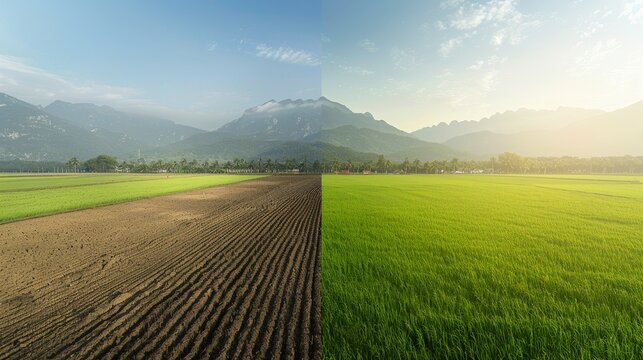 Contrasting landscapes  a barren dry terrain vsa lush green field highlighting climate impact