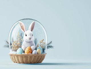 Cute snow globe with a bunny and colorful Easter eggs in a basket.