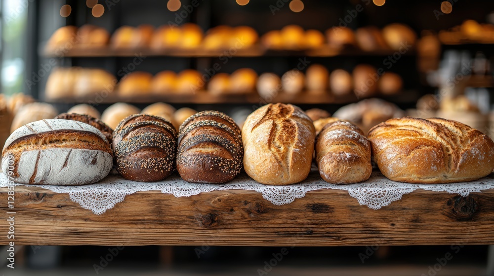 Poster a selection of various breads displayed neatly on a wooden surface to tempt any bread lover