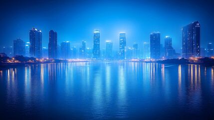 Fototapeta premium City Skyline at Night Reflecting on Water