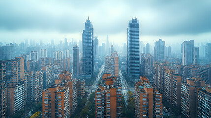 Fototapeta premium City Skyline, Foggy Morning, Aerial View