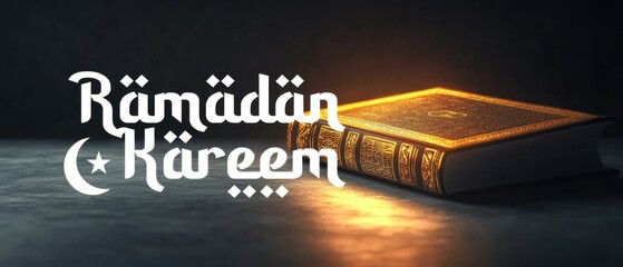 Ramadan Kareem greeting with Quran, the holy book of Islam, illuminated on a dark background Islamic concept for the holy month of fasting, prayer, and reflection