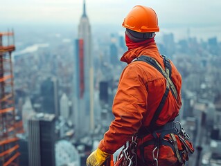 Construction worker overlooking new york city skyline urban portrait