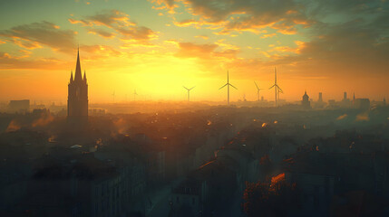Naklejka premium City Sunrise, Wind Turbines, Fog