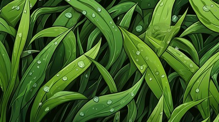 Fototapeta premium Dew-Kissed Grass Blades: A Vibrant Digital Illustration AI Generated