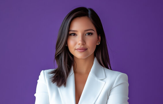 Empowering businesswoman portrait studio setting professional photography vibrant purple background confident attitude