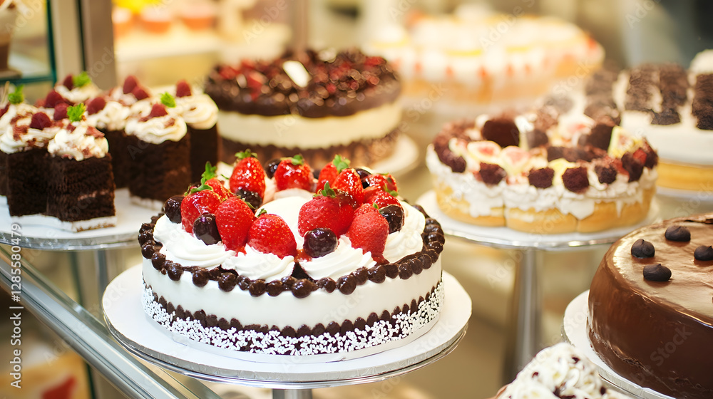 Poster assortment of decorated cakes with fresh strawberries and whipped cream in bakery : generative ai