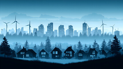 Obraz premium Cityscape with Wind Turbines & Fog