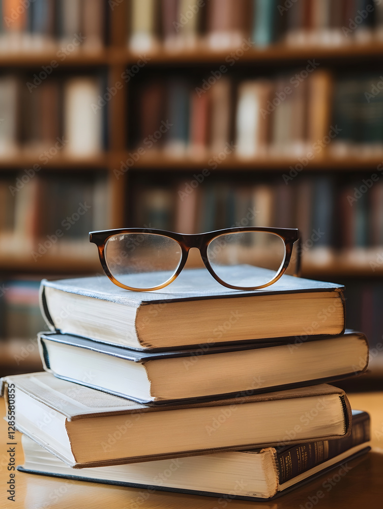 Poster Stack of Vintage Books with Reading Glasses in an Elegant Library Setting : Generative AI