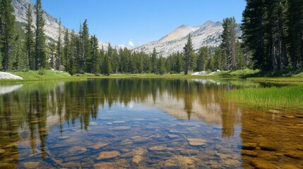Obraz premium Mountain Lake Reflection, Sunny Day, Peaceful Scenery