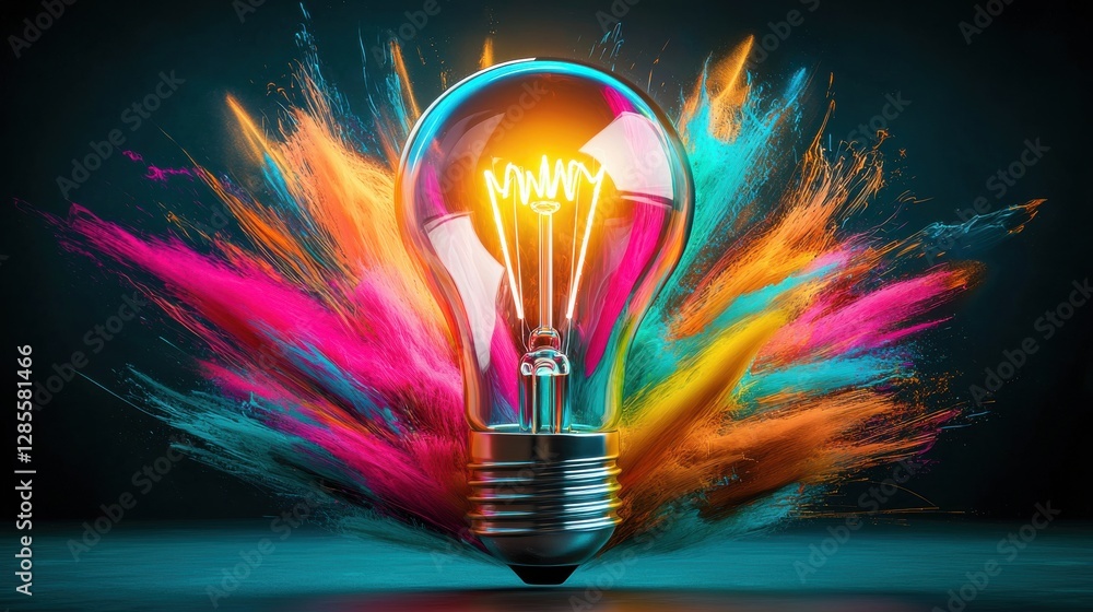 Poster vibrant and dynamic explosion of a glowing light bulb representing the spark of creativity innovatio
