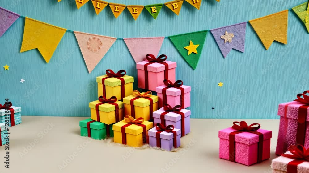 Poster A stack of colorful boxes with red bows on them. The boxes are arranged in a pyramid shape