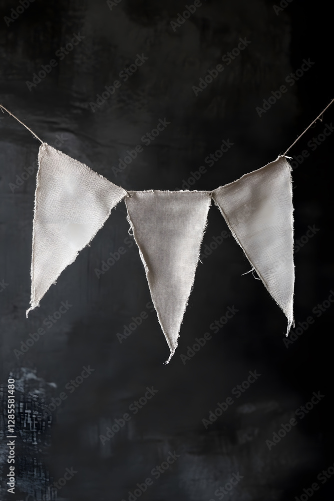 Poster rustic white fabric flags against dark background minimalist bohemian decor : generative ai