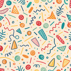 Colorful abstract seamless pattern with geometric shapes and doodles on beige background.