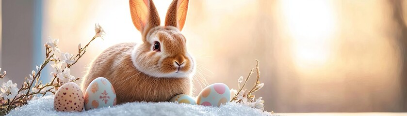 Cute rabbit sitting beside colorful Easter eggs in a cozy spring setting.
