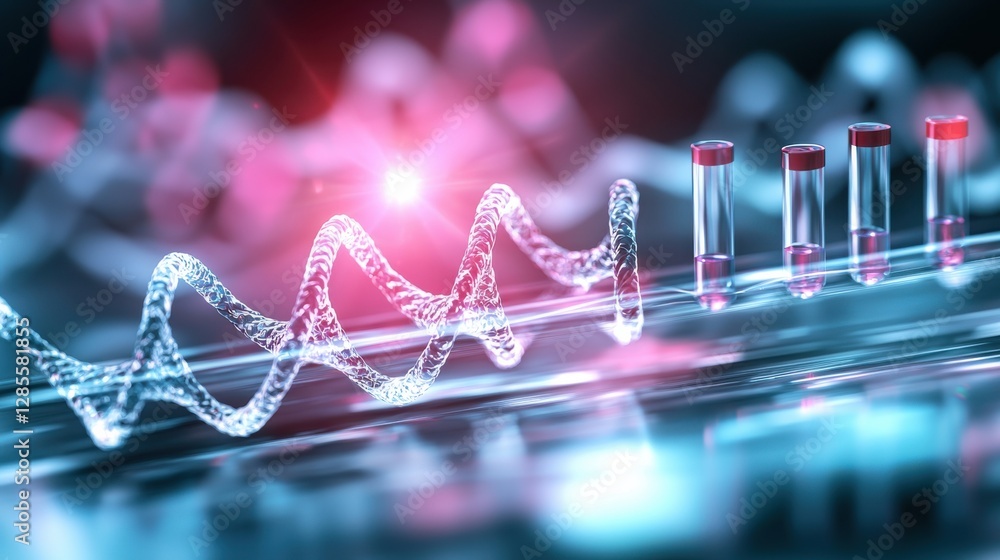 Poster futuristic digital molecular structure in scientific laboratory setup with test tubes microscope and