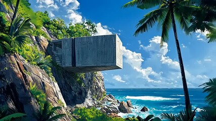 Modern architectural structure suspended over a rocky coastline with lush tropical vegetation and ocean