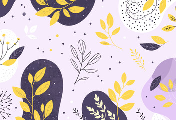 The pattern features stylized leaves and flowers in shades of yellow, purple, and white, with scattered dots and lines throughout the background.