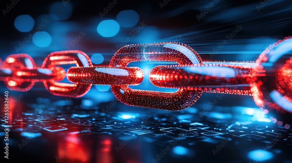 Poster glowing digital chains in dynamic motion with vibrant neon like lighting creating a futuristic and t