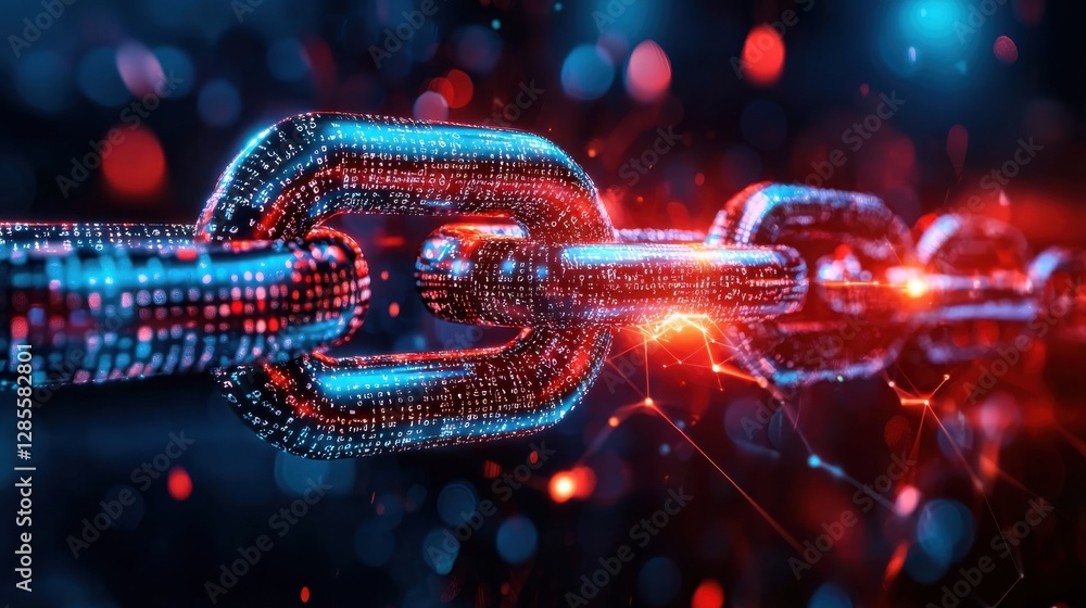 Poster glowing network interconnections in futuristic digital landscape with colorful neon lights wires and