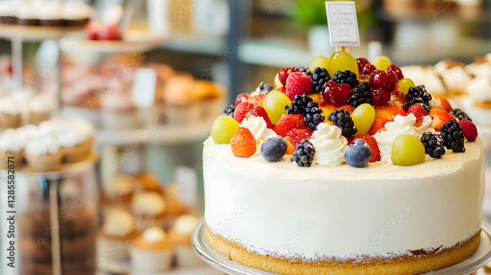Poster delicious fresh fruit layer cake with whipped cream topping in bakery display : generative ai