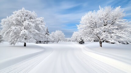 Fototapeta premium Snowy winter trail through trees, serene landscape, ideal for cross-country skiing (1)