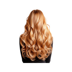 Fototapeta premium A woman with long, wavy, golden hair is seen from behind, volume and texture of her hairstyle, Isolated on white background.