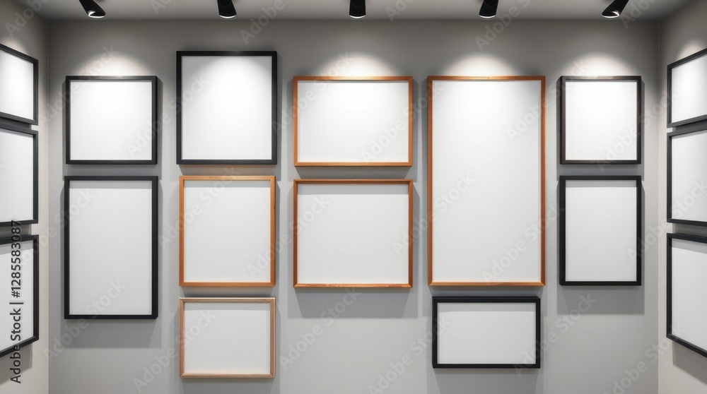 Poster gallery wall displaying art frames with a minimal style, illuminated by spotlights. art gallery conc