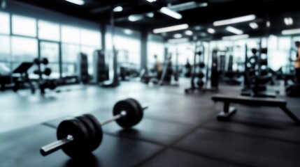 Fototapeta premium Blurred Gym Background, Sports Fitness Room with Treadmills and Exercise Equipment in Defocus, and Text Copy Space. Zoom Virtual Meetings Background