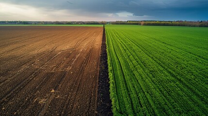 Dramatic contrast of barren desert and vibrant green field showcasing climate impact and land care