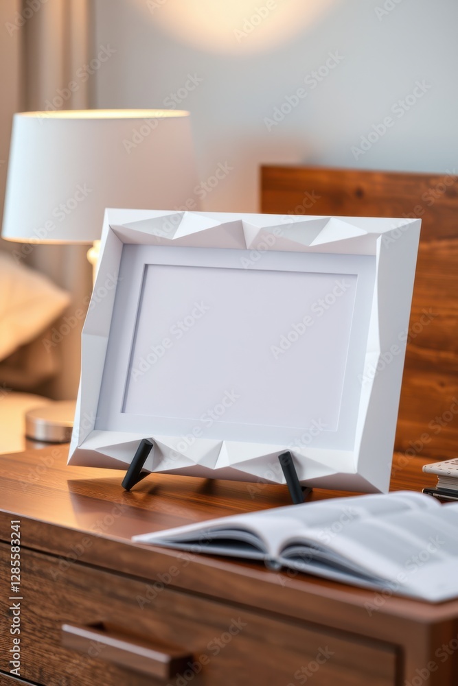 Poster white picture frame with geometric design on a bedside table beside a lamp and an open book.