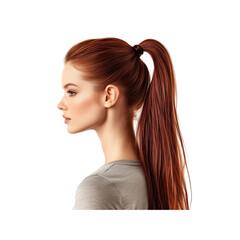 Naklejka premium A profile view of a woman with long, sleek red hair styled in a high ponytail, Isolated on white background.