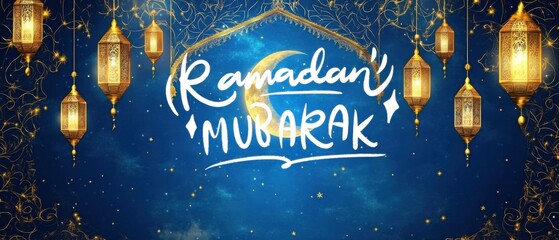 Ramadan Mubarak greeting with golden lanterns, crescent moon, and starry night sky Islamic celebration background for holy month of Ramadan Kareem Concept of faith, tradition, and spirituality