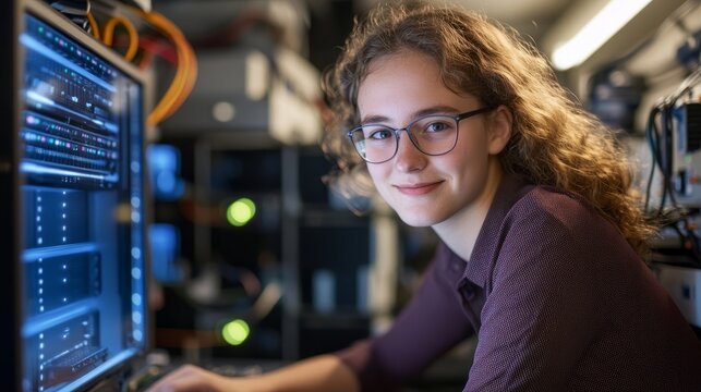 Female engineer focused in server room, showcasing innovation and technical expertise.
