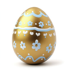 Golden Easter egg with blue floral patterns on white background