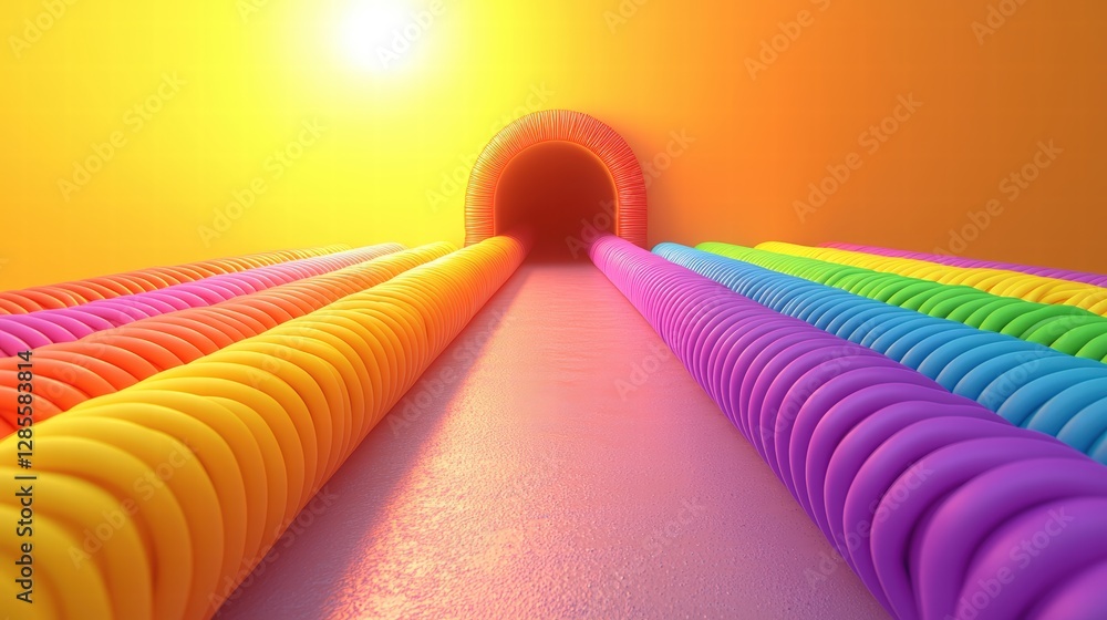 Poster vibrant tunnel featuring an array of colorful pipes creating a dynamic and eye-catching scene