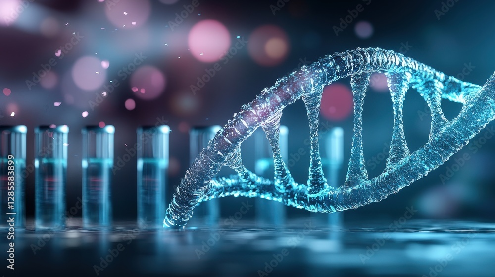 Poster glowing and transparent dna molecule structure in a futuristic laboratory setting with scientific eq