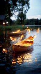 Fototapeta premium Enchanted Evening on a Serene Lake with Magical Fireflies and Wooden Boats Glowing in the Twilight