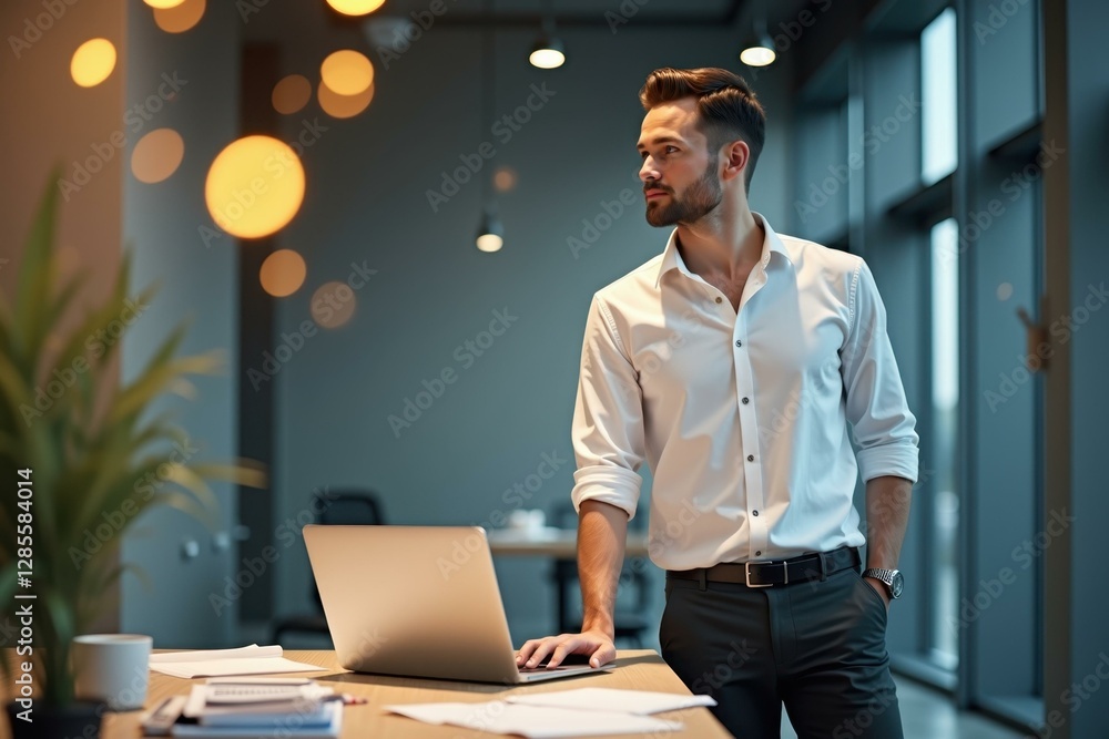 Poster man is standing in front of laptop computer in office